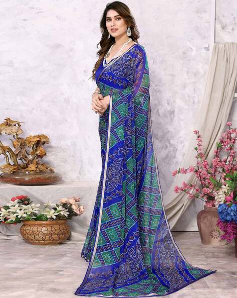 Buy Nirmohi Fashion Women's Chiffon Bandhani Print Saree with Jacquard Work  Heavy Lace Border (Blue) at Amazon.in