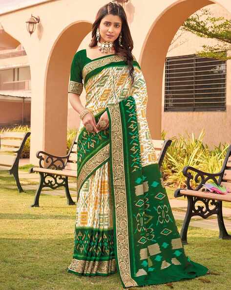 Buy Amardeep Women's Solid Poly Crepe Uniform Saree with Green Border  (AU_1008, White) at Amazon.in