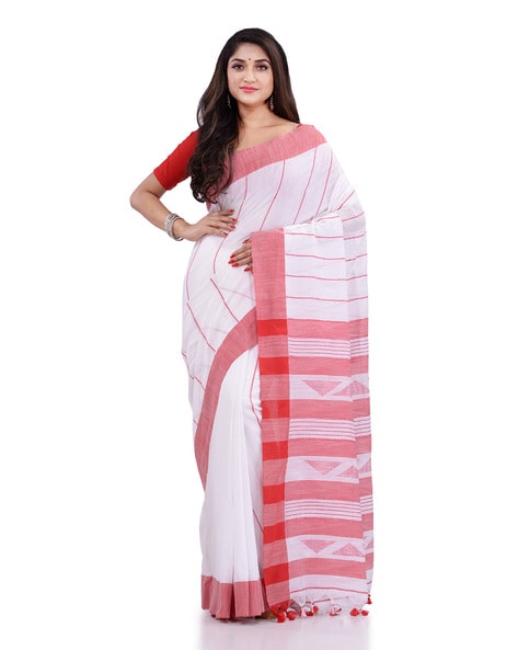 Black & White Khadi Cotton Saree with Pompom Border Hand Work –  ShopBollyWear.Com