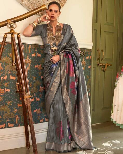 Silver grey pure Kanchivaram silk saree with gold and silver zari –  Thenianantham