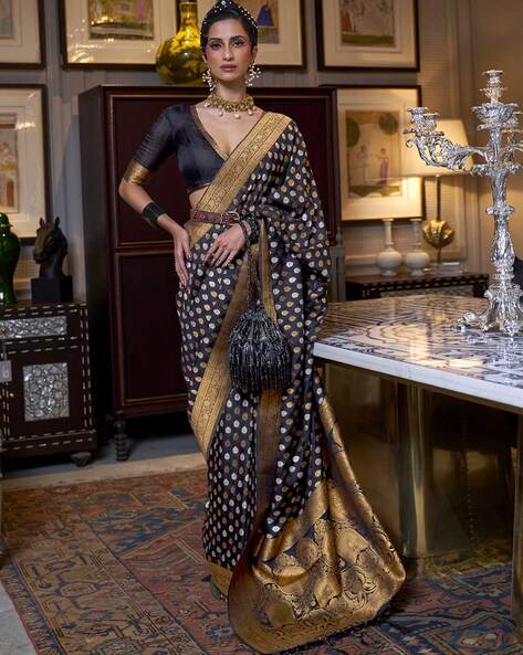 Exclusive Woven Zari Tussar Silk Dusty Black Saree|SARV132359