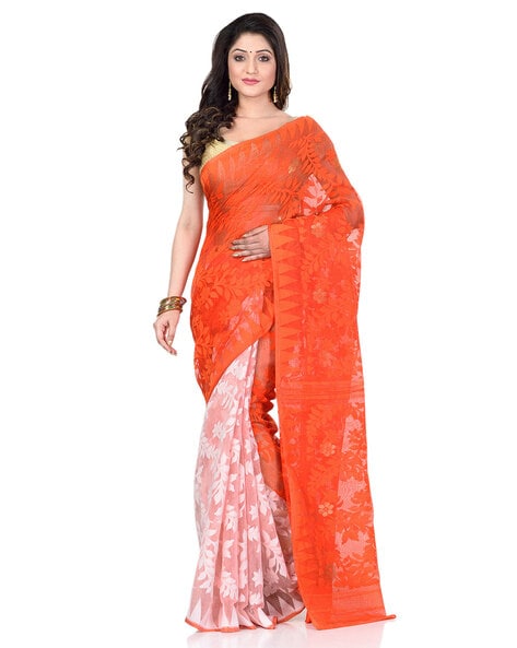 Buy KP Trend Self Design, Woven, Embellished Jamdani Muslin, Cotton Silk Orange  Sarees Online @ Best Price In India | Flipkart.com