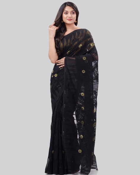 Jamdani Cotton Silk Saree in Black and Multicolour : SPN6275