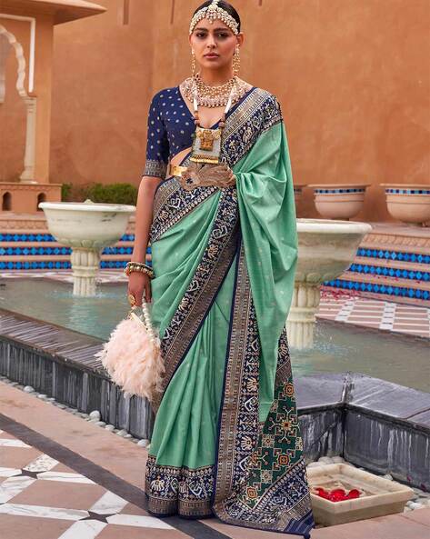 Peacock green Embroidered Silk Saree with Contrasting embroidered blou –  The House Of Kosh