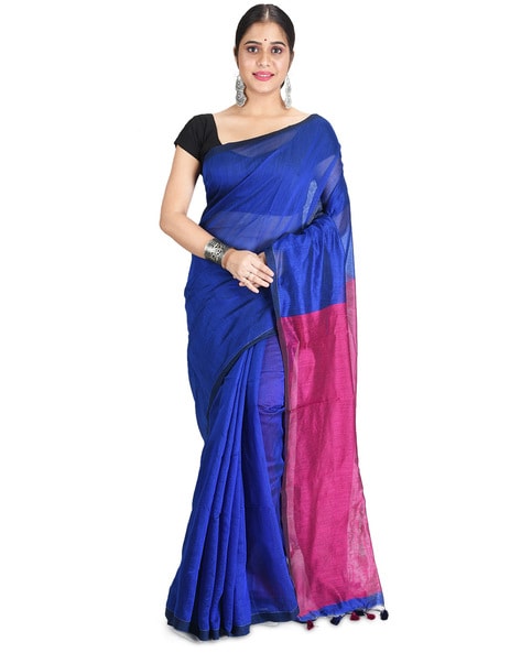 Royal blue silk matka handloom jamdani pallu stripes saree – GoCoop