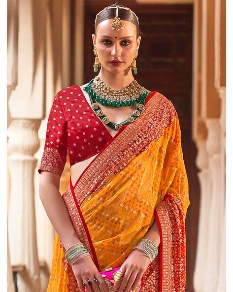 Red Kasturi Silk Haldi Special Thread Work Saree - Zakarto