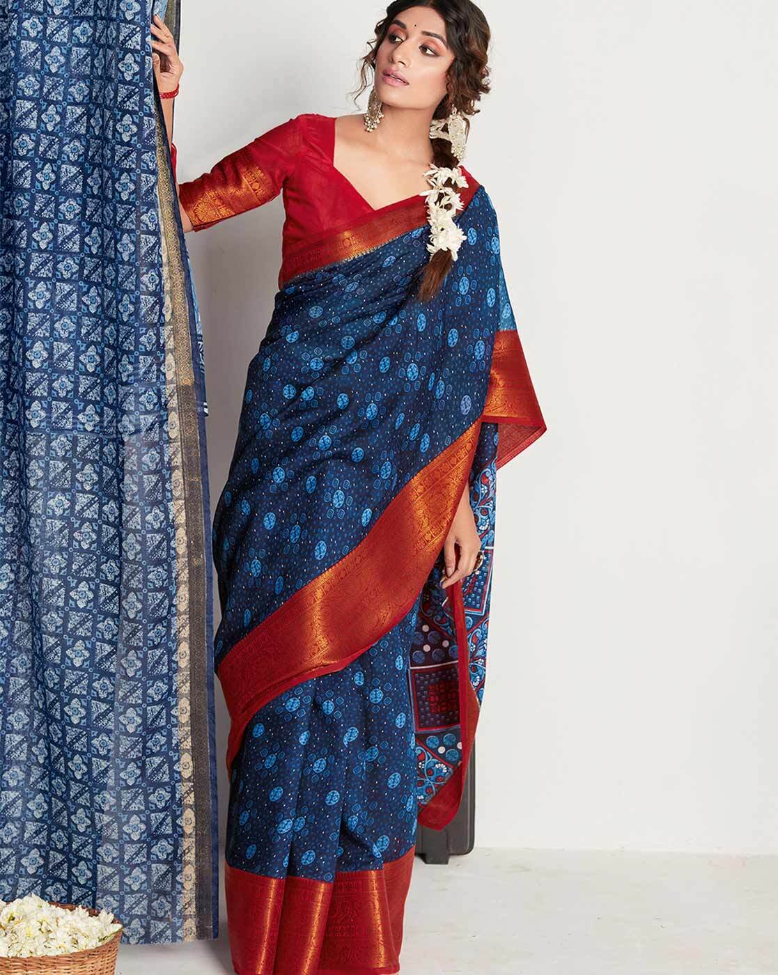 Hand Block Printed Indigo Pure Cotton Saree – Craftsmoda