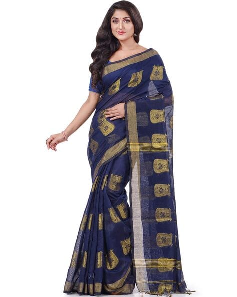 Blue Block Print Zari Border Pure Silk Mark Certified Tussar Silk Sare –  Dailybuyys