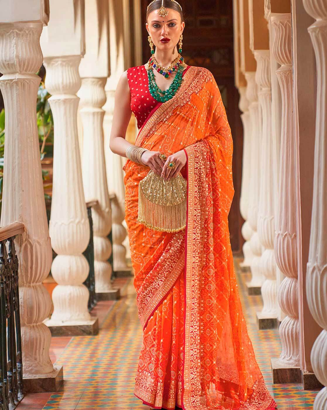 Buy Online Orange and Red Silk Border Contemporary Sari : 69125 - Saree