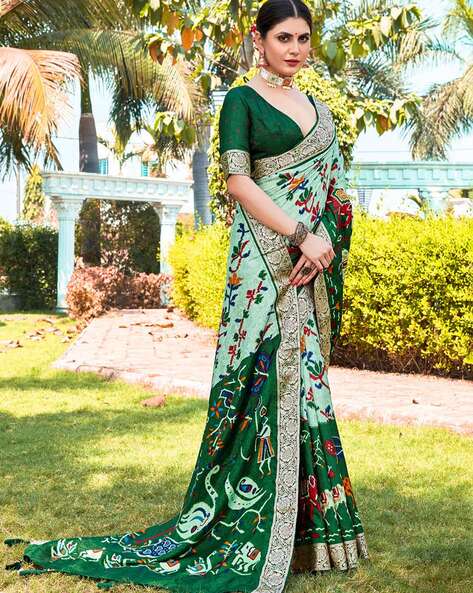 Buy KALKI FASHION Parrot Green Cutdana Embellished Organza Floral Print  Saree with Unstitched online