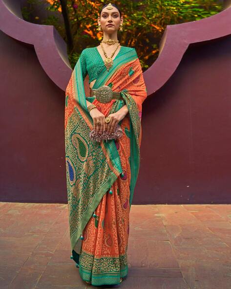 Turquoise color silk sarees with pairs with running contrast blouse design  -SILK0005305