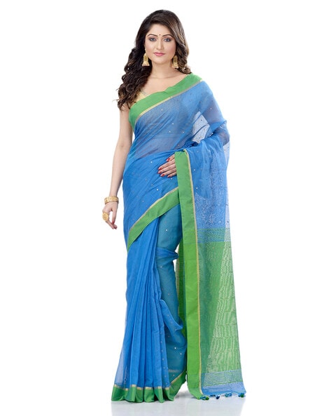 Beautiful Soft Silk Blue Colour Saree With Green Border Design