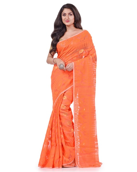 Orange Cotton Dhakai Jamdani Handwoven Saree With Floral Designs -  Charukriti - 4237051