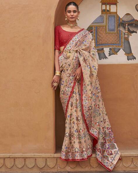 Buy ANAITA Printed Bollywood Organza Cream Sarees Online @ Best Price In  India | Flipkart.com