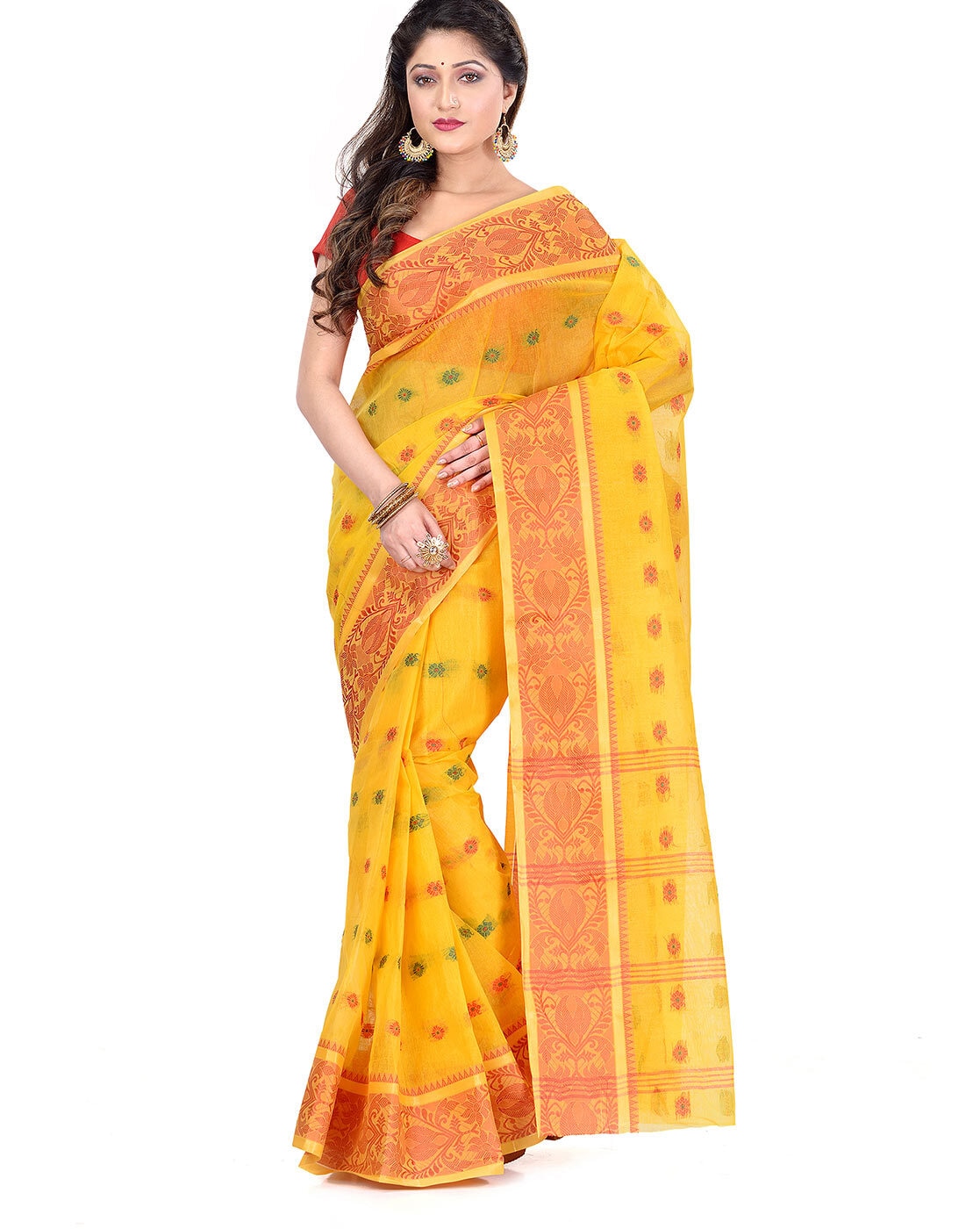 Yellow Handwoven Cotton Tant Saree - Charukriti - 4210037