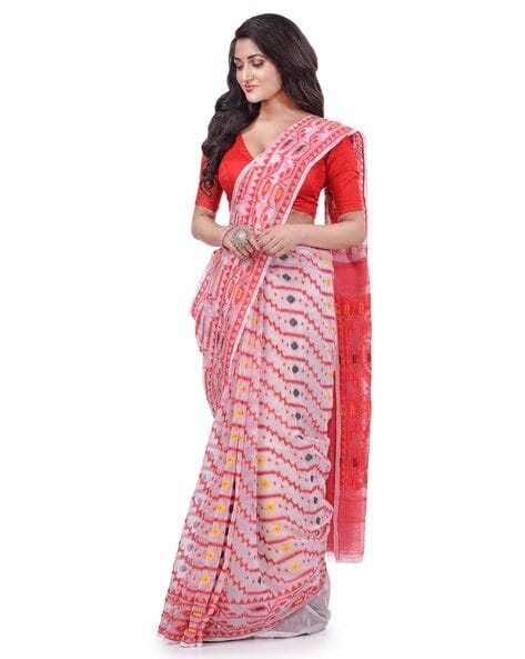 Red White Handwoven Bengali Tant Kora Cotton Jamdani Saree (Without Blouse)  Half-Half 17212 | Chiffon saree party wear, Elegant saree, Cotton saree  designs