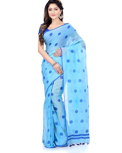 Sky blue cotton Kota saree with zari polka dots + pink and Ikat border # saree #blouse #houseofblouse #indian #bo… | House of blouse, Saree,  Designer blouses online