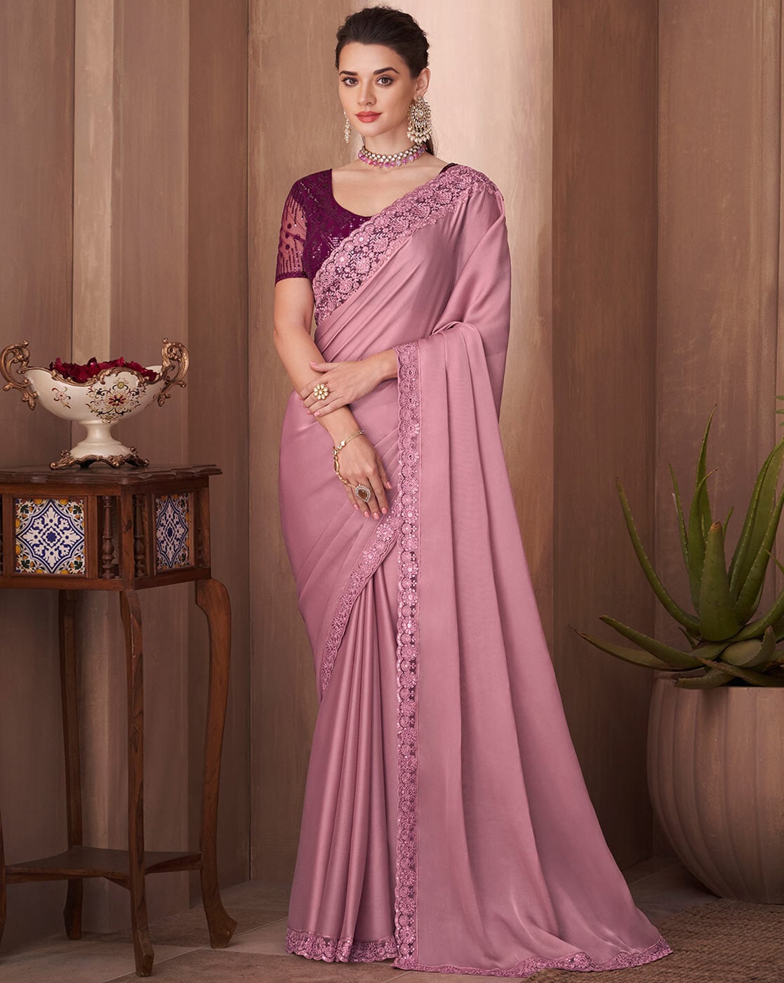 Buy Mauve Stonework Georgette Saree - Koskii