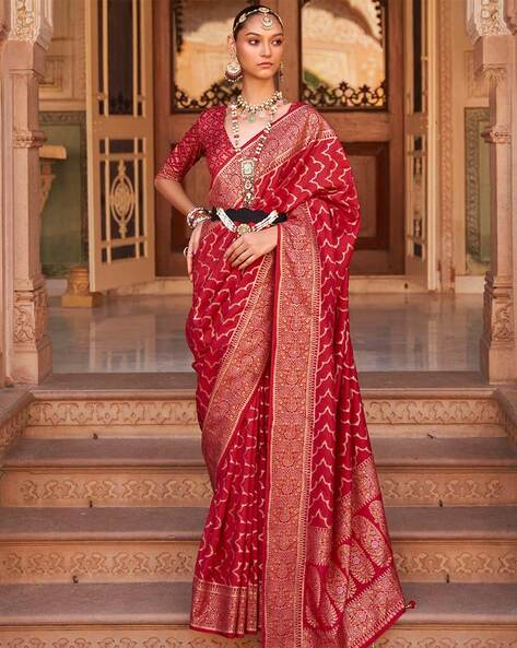 RED COLOUR SATIN SILK BANARASI SAREE EMBELLISHED WITH ZARI WEAVES – Kothari  Sons