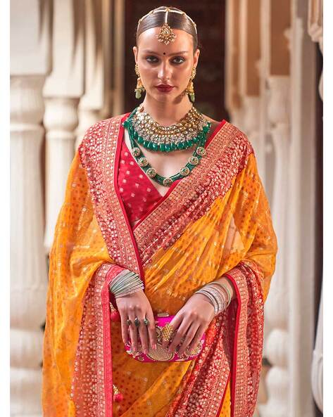 Buy Geroo Jaipur Yellow Shaded Hand Embroidered Gota Jaal Chiffon Saree  online