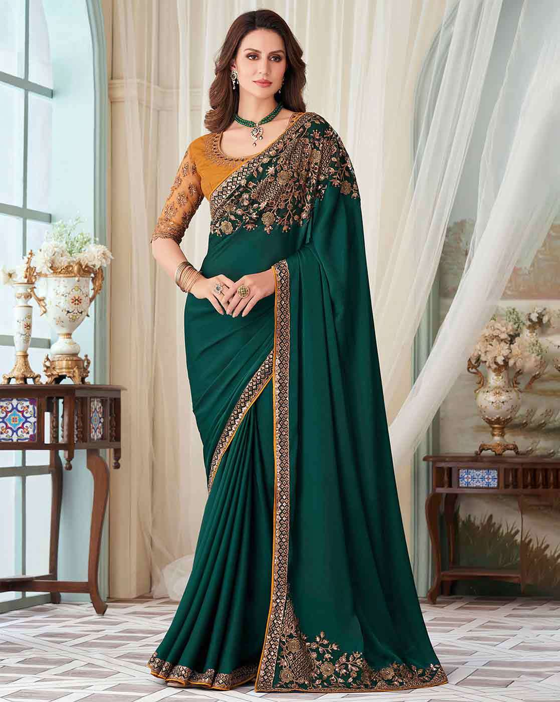 Buy Sabyasachi Bottle Green Sequins Party Saree Online at EthnicPlus for  ₹3449
