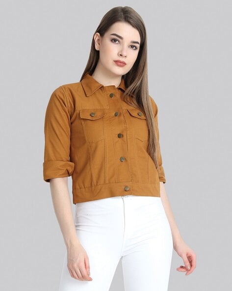 LookbookStore Denim Jacket for Women Brown Long Sleeves Button Down Fitted Jean  Jackets Size S Fit Size 4 Size 6 - Walmart.com