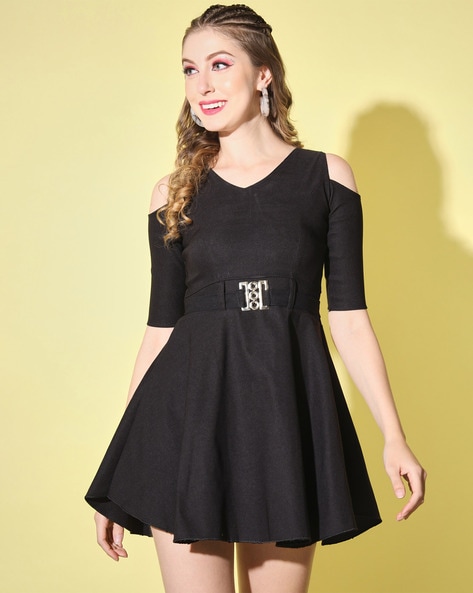 Fit Flare Dress with Cold Shoulder Sleeves