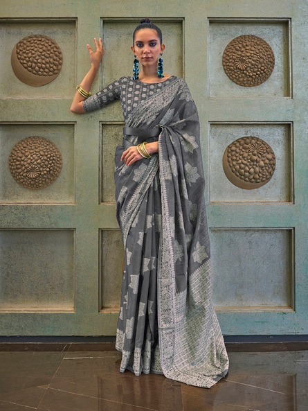 Bengal Handloom Designer Cotton Saree in Light Grey, Black and Multico –  Bengal Looms India