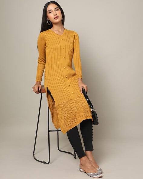 V-Neck Button-Down Knitted Sweater Kurta