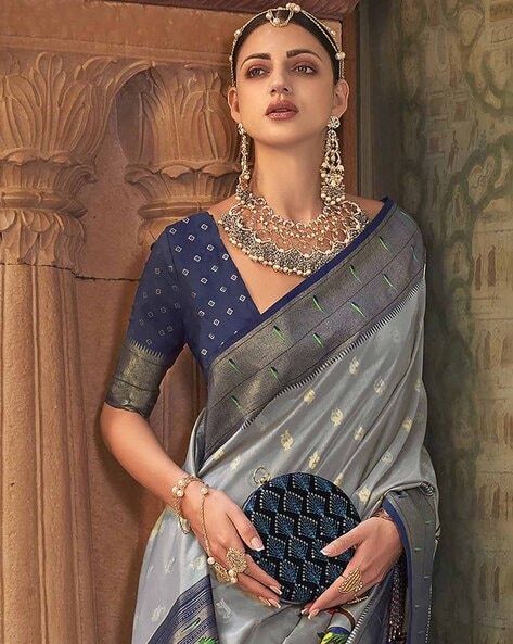 Mint Grey Silk Saree with Embroidered Blouse