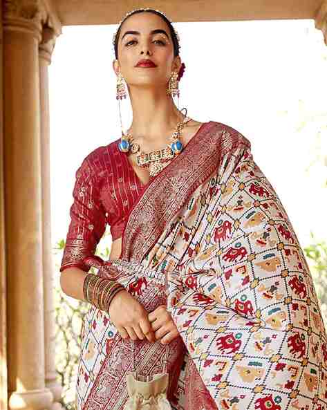 Pearl White Patan Patola Silk Saree with Embroidered Blouse – Ethnos