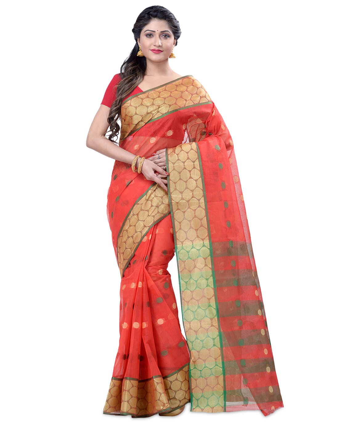 Pure Cotton Tant Jamdani Handloom Saree (Red,White) - Aishani collection