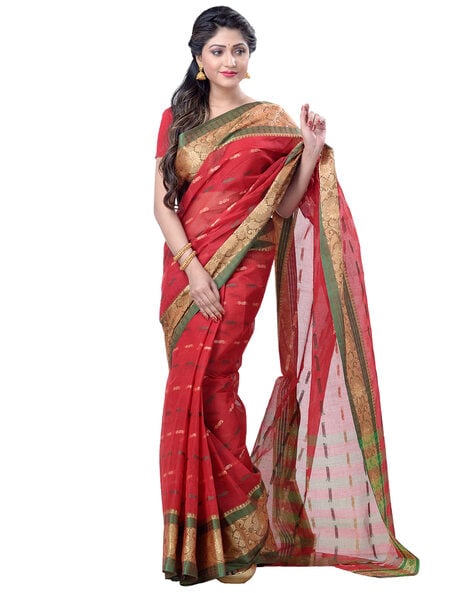 Woodentant women's pure cotton exclusive Designer Tant saree in Beige and  red golden zari border without blouse piece.