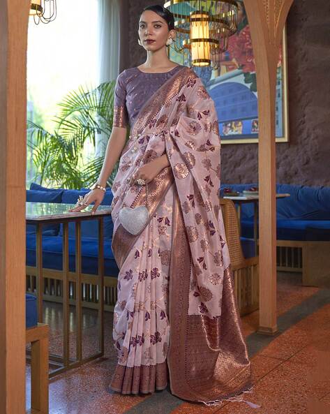 Coral Peach Woven Banarasi Organza Saree – Zari Banaras