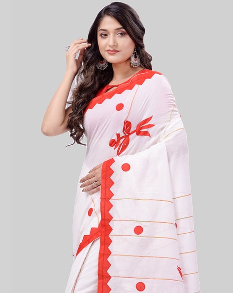 Off White Handloom Mul Cotton Saree with Zari – ShopBollyWear.Com