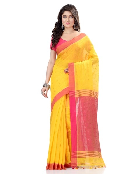 Women's Casual Traditional Tant Silk Handloom Cotton Saree Sequence Work  With Blouse Piece Indian Sari yellow Pink - Etsy Sweden