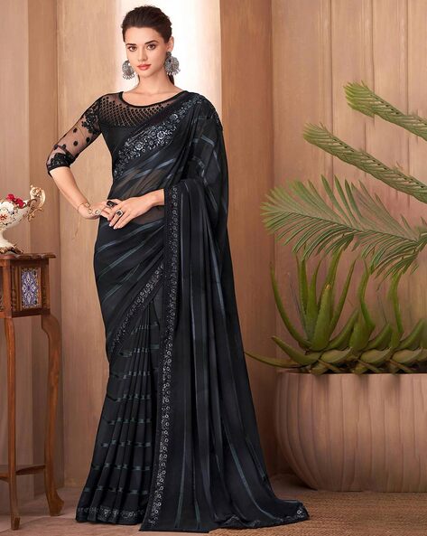 Crepe silk designer Saree with jacket in Black colour 23012