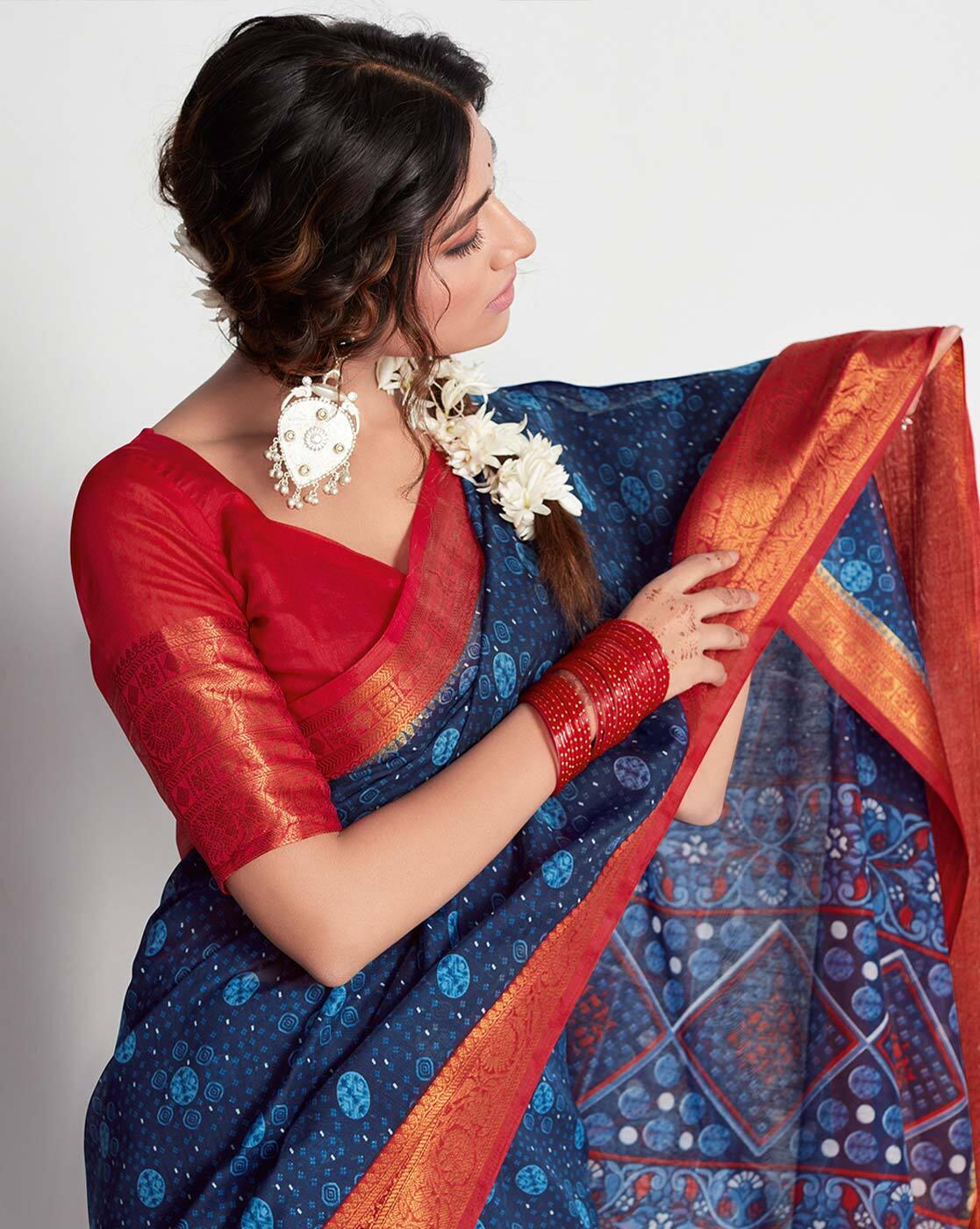 Beautiful Kantha Indigo Patchwork Print Frilled Neckline Blouse – Sujatra