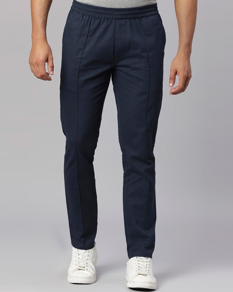 Buy Hubberholme Men Navy Blue Slim Fit Solid Regular Trousers - Trousers  for Men 9355193 | Myntra