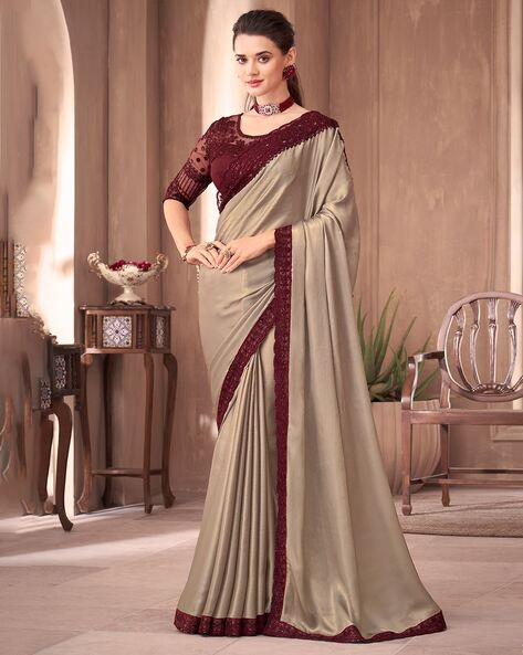 Knitting Embroidered Beige Color Saree at Rs 1085/piece in Surat | ID:  14298885255