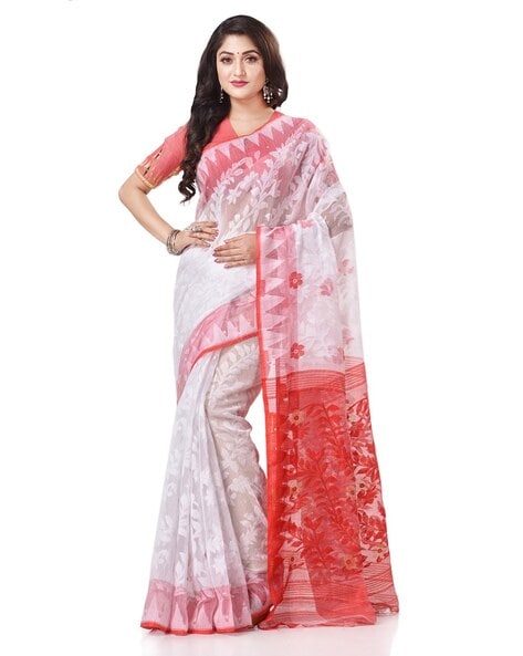 Buy Angoshobha Traditional White & Red Soft Dhakai Jamdani Saree with  Unstitched Blouse online