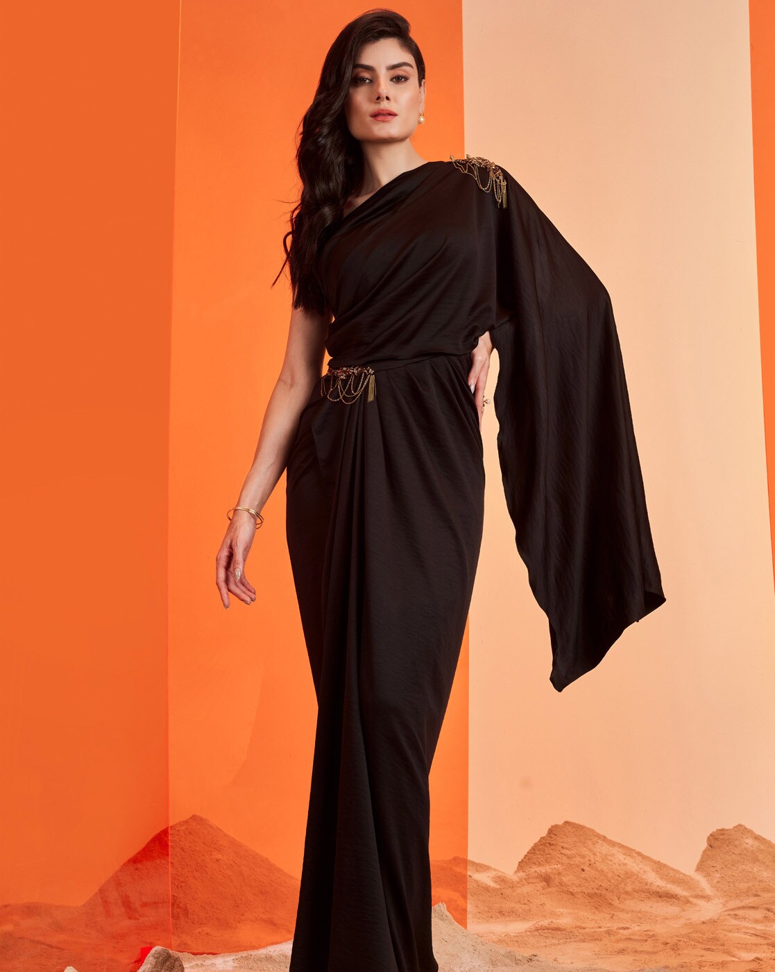 Bollywood Style Gleaming Black Saree - Ethnic Race