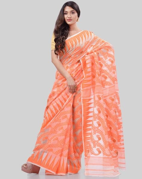 Checkered Weaving Orange Jamdani Saree – Charukriti