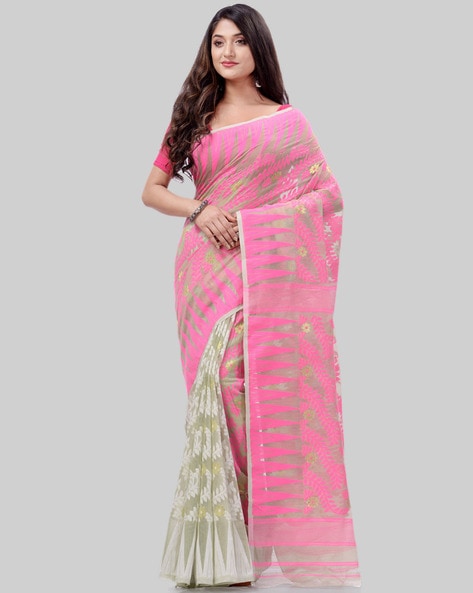 Buy Fashion Basket White with Pink work Dhakai Jamdani Hand Woven Tant silk  Handloom Saree Online at Best Prices in India - JioMart.