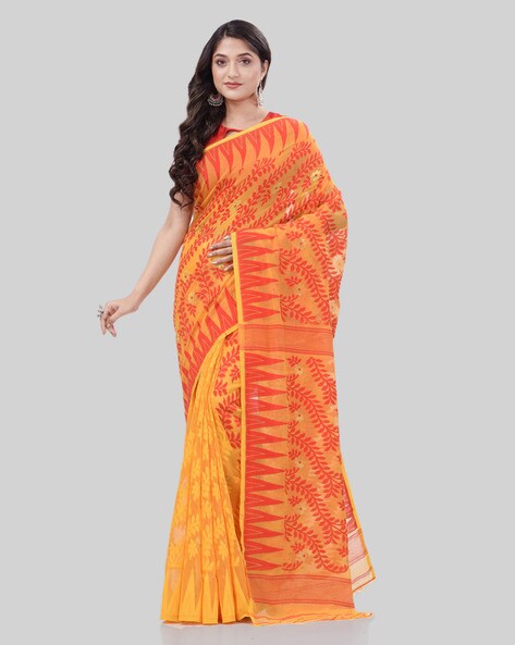 Amazon.com: CXMAT Ethnic Women's Dhakai Jamdani-Cotton Saree with  Atterective Design (Orange) : Home & Kitchen