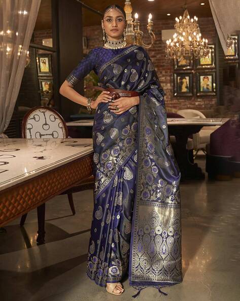 Navy Blue Woven Banarasi Tussar Silk Saree - Urban Womania