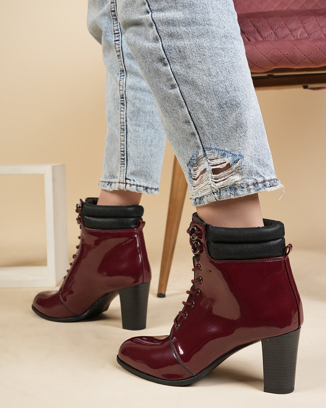 Women's Chunky Heeled Ankle Boots Lace Side Zipper Platform - Temu