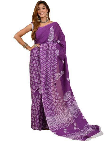 SainSisters Poppins Collection - Purple Poppins Candy - Handblock Print  Natural Dyed - Mulmul Cotton Saree