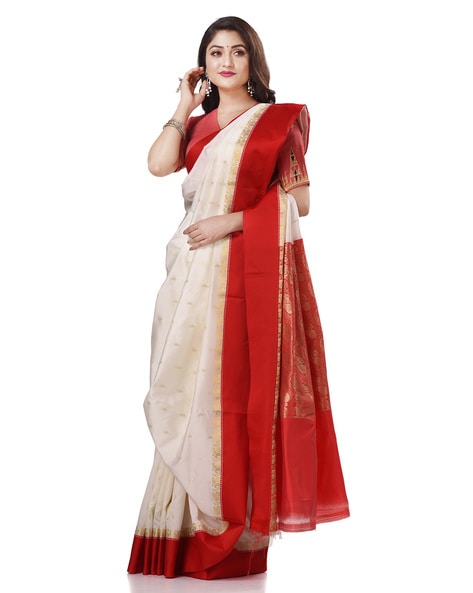 Basic red and white saree bengal cotton - Indic Brands