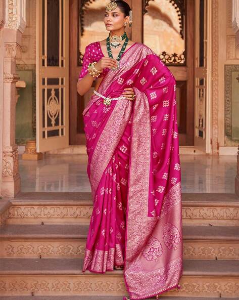 Buy Pink Katan Silk Handwoven Floral Banarasi Saree With Running Blouse For  Women by Naaritva India Online at Aza Fashions.